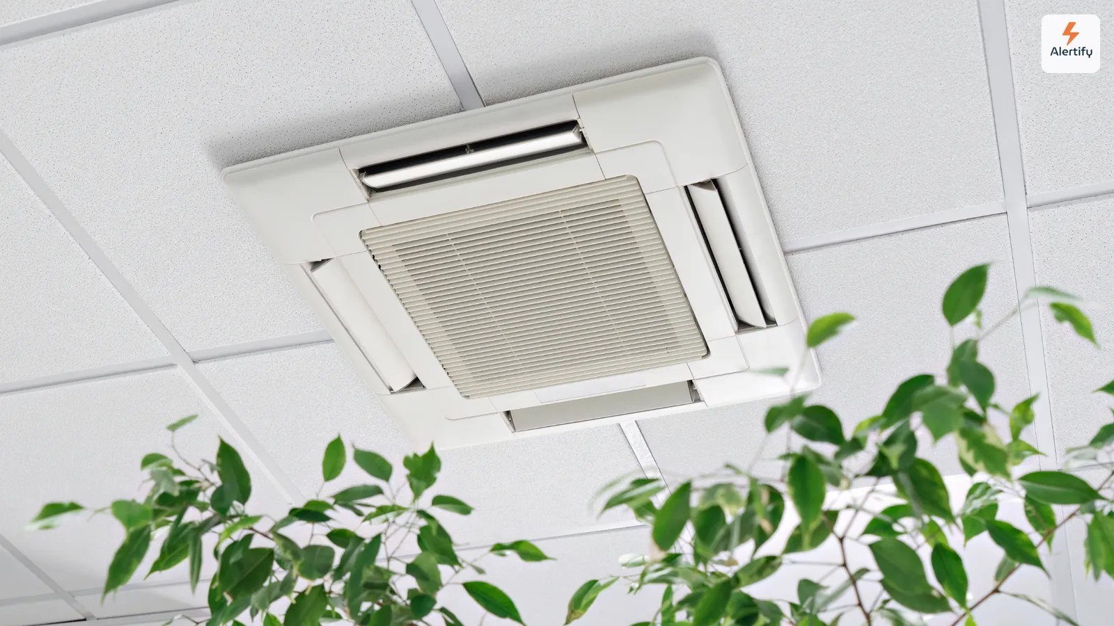 Un climatizzatore a cassetta montato in un controsoffitto piastrellato, con le foglie di una pianta da interno in primo piano.