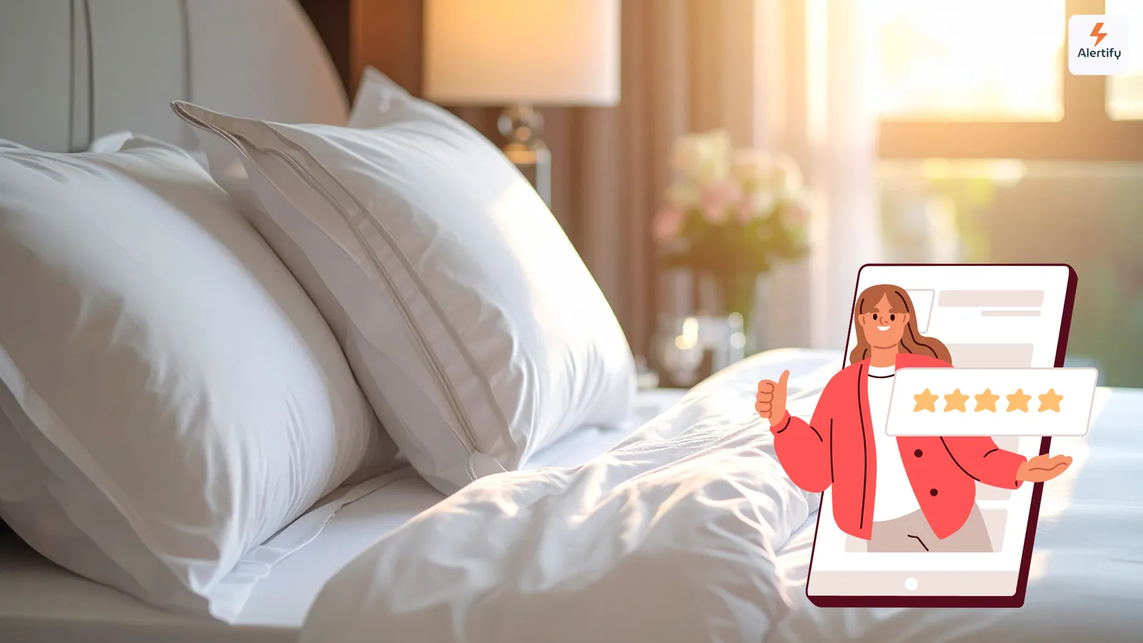 Un letto rifatto con cuscini bianchi in una camera da letto soleggiata, accanto a un ospite illustrato che mostra una recensione a cinque stelle sul telefono.