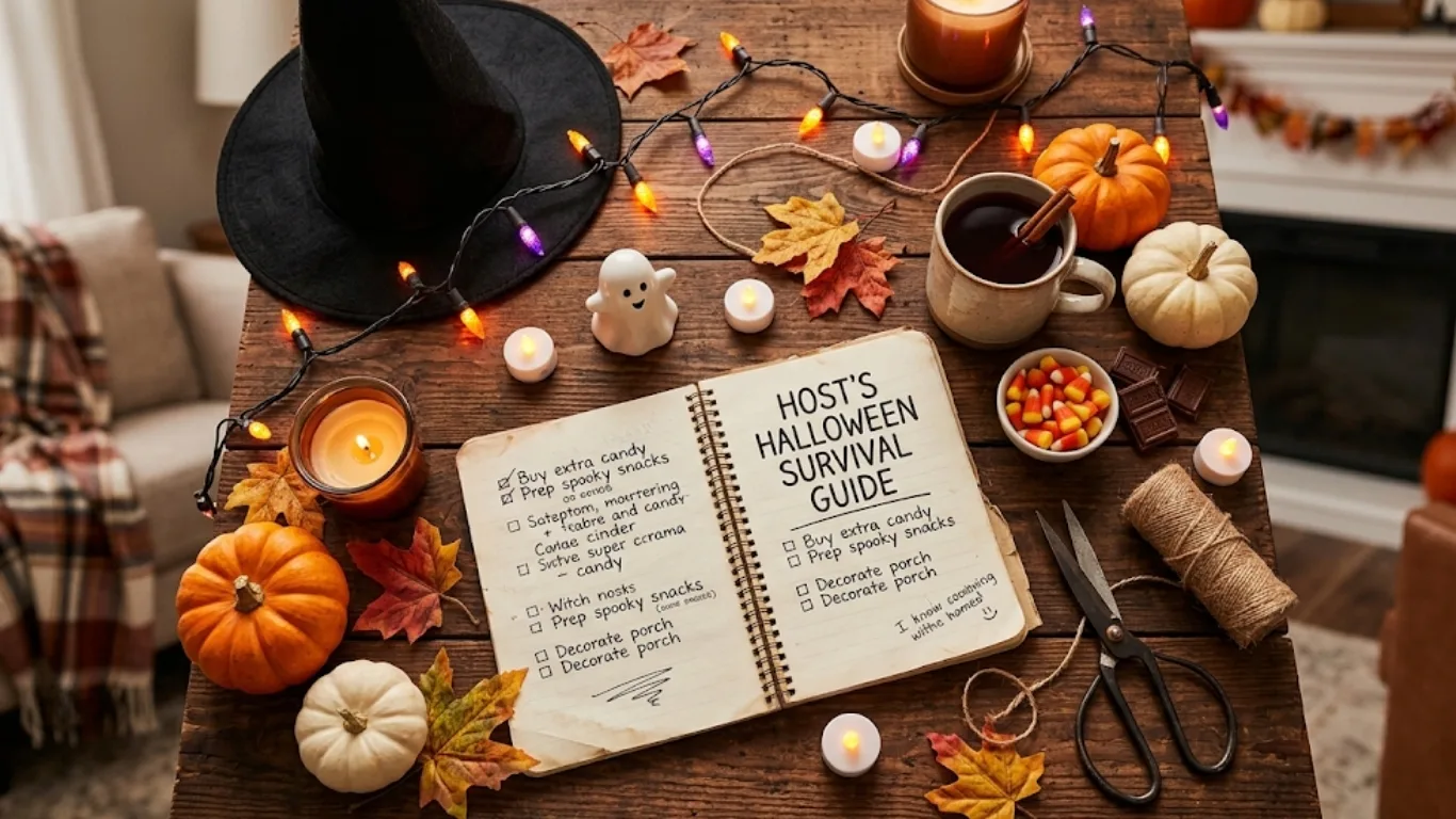 Checklist di sopravvivenza a Halloween di un host in un quaderno su un tavolo di legno, tra zucche, candele, luci e un cappello da strega