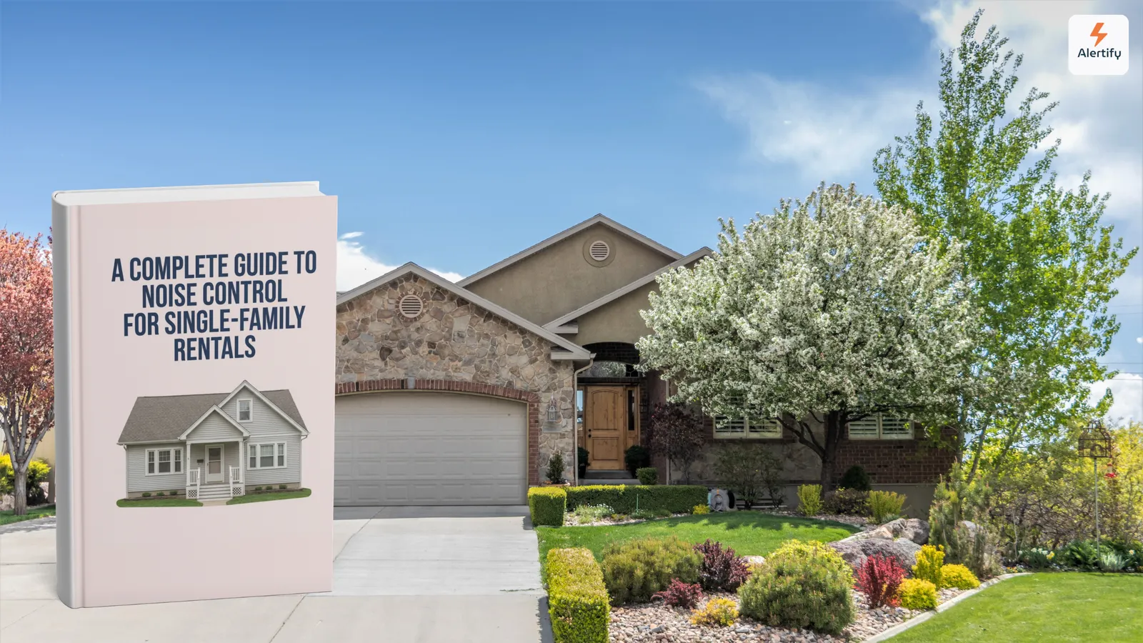 Casa unifamiliare in affitto con prato all'ingresso in un quartiere residenziale, accanto alla copertina di una guida sul controllo del rumore negli affitti monofamiliari