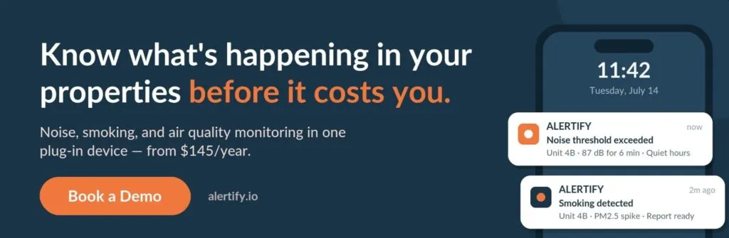 Banner Alertify con testo Sappi cosa succede nelle tue proprietà prima che ti costi caro, accanto a un telefono che mostra avvisi di rumore e fumo.