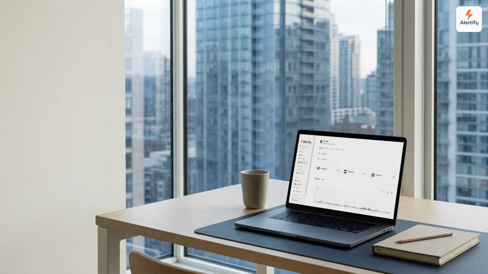Laptop con una dashboard di monitoraggio immobiliare su una scrivania accanto a una finestra che si affaccia sui grattacieli della città