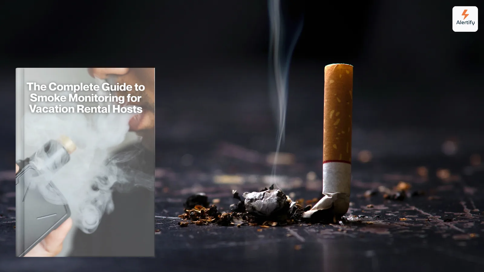 Copertina in stile e-book della guida completa al monitoraggio del fumo accanto a una sigaretta spenta su una superficie scura
