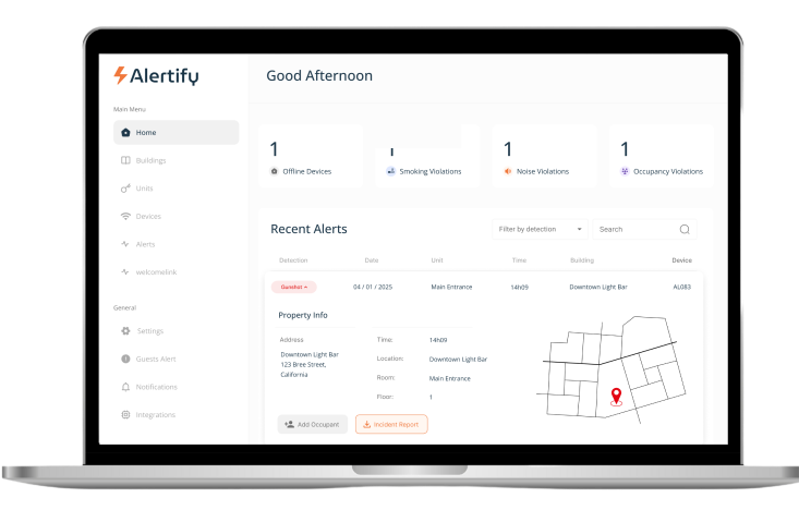 Dashboard Alertify che mostra un recente avviso di sparo con le informazioni sull'immobile e una mappa che individua da dove è partito il colpo
