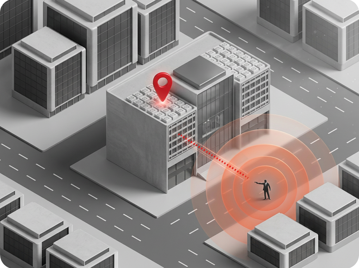 Localizzazione degli spari — una planimetria che mostra la sorgente individuata di uno sparo rilevato all'interno di un edificio