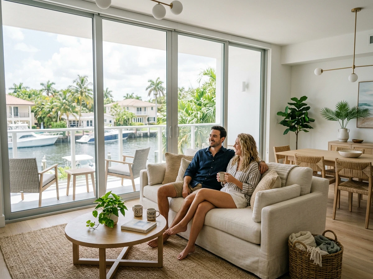 Coppia che si rilassa in una luminosa casa vacanze sul mare in Florida