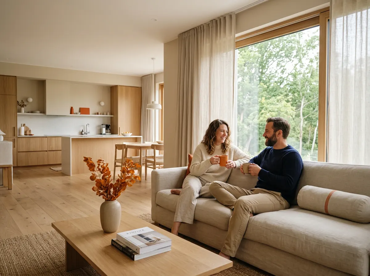 Due ospiti si rilassano con un caffè sul divano di una casa vacanze luminosa e tranquilla